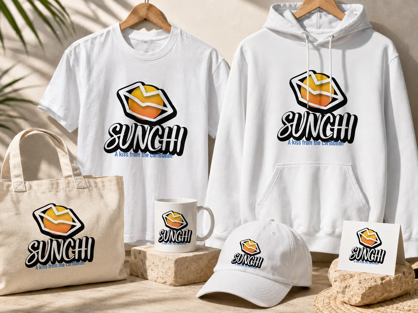 SUNCHI apparel set — tee, hoodie, tote, mug, cap and sticker