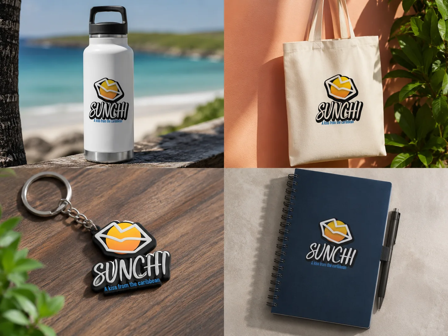 SUNCHI merch — insulated bottle, canvas tote, rubber keychain and spiral notebook